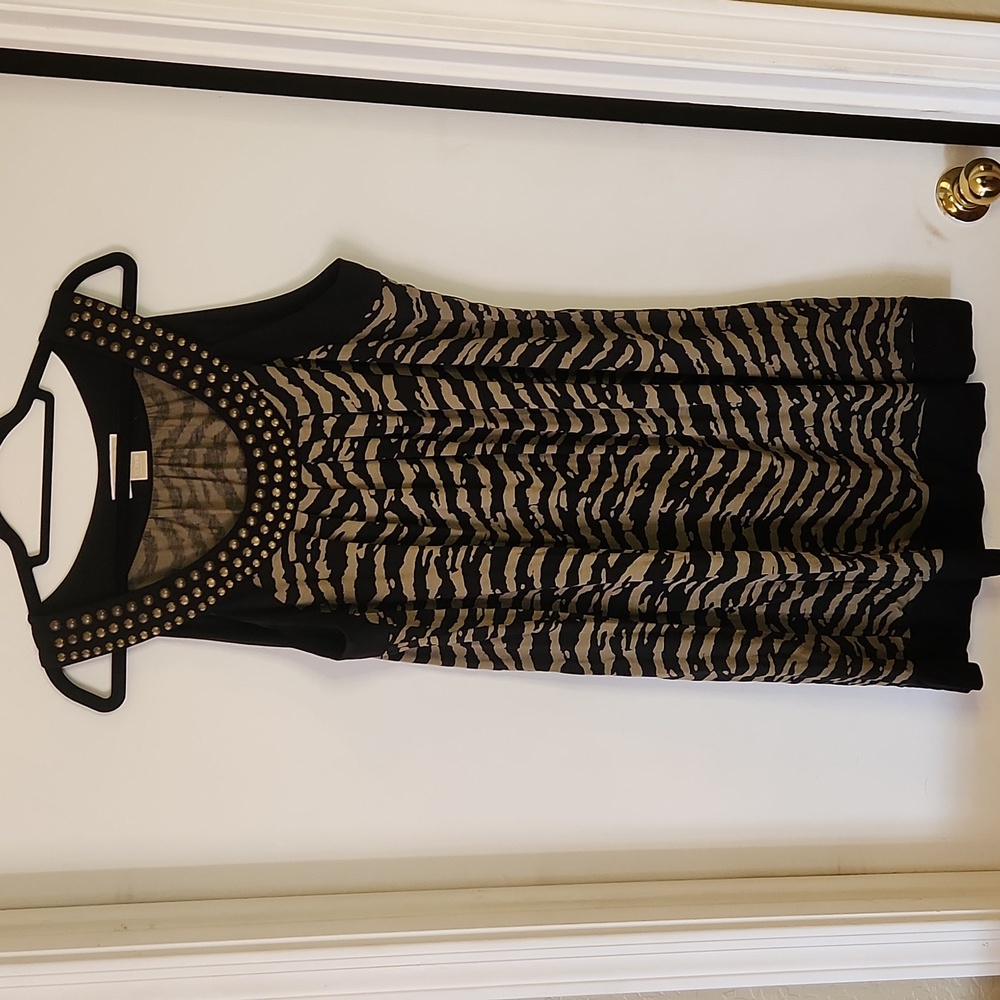 MICHAEL Michael Kors Black and Taupe Zebra-Print Studded Neck Midi Dress